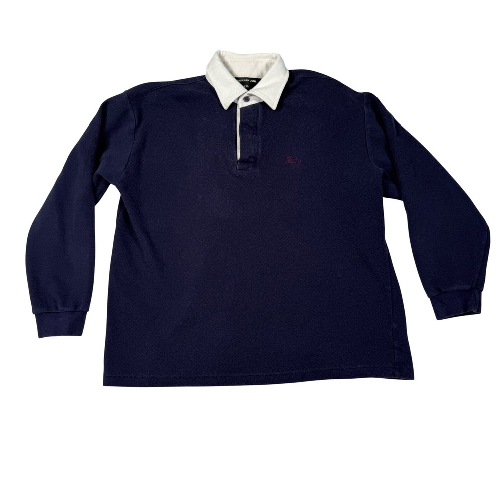 Vintage Korean Air Mens XXL Rugby Shirt Navy Blue White Omar Sharif Long Sleeve